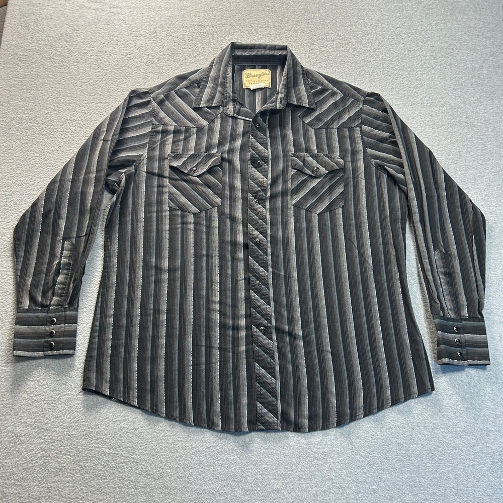 Wrangler Western Cowboy Shirt Mens XL Black Gray Stripe Pearl Snap Long Sleeve